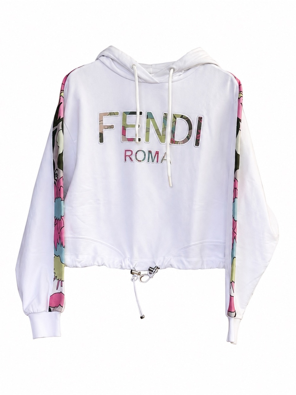 Fendi White Hooded Cropped Sweatshirt with Pink Floral Sleeves
